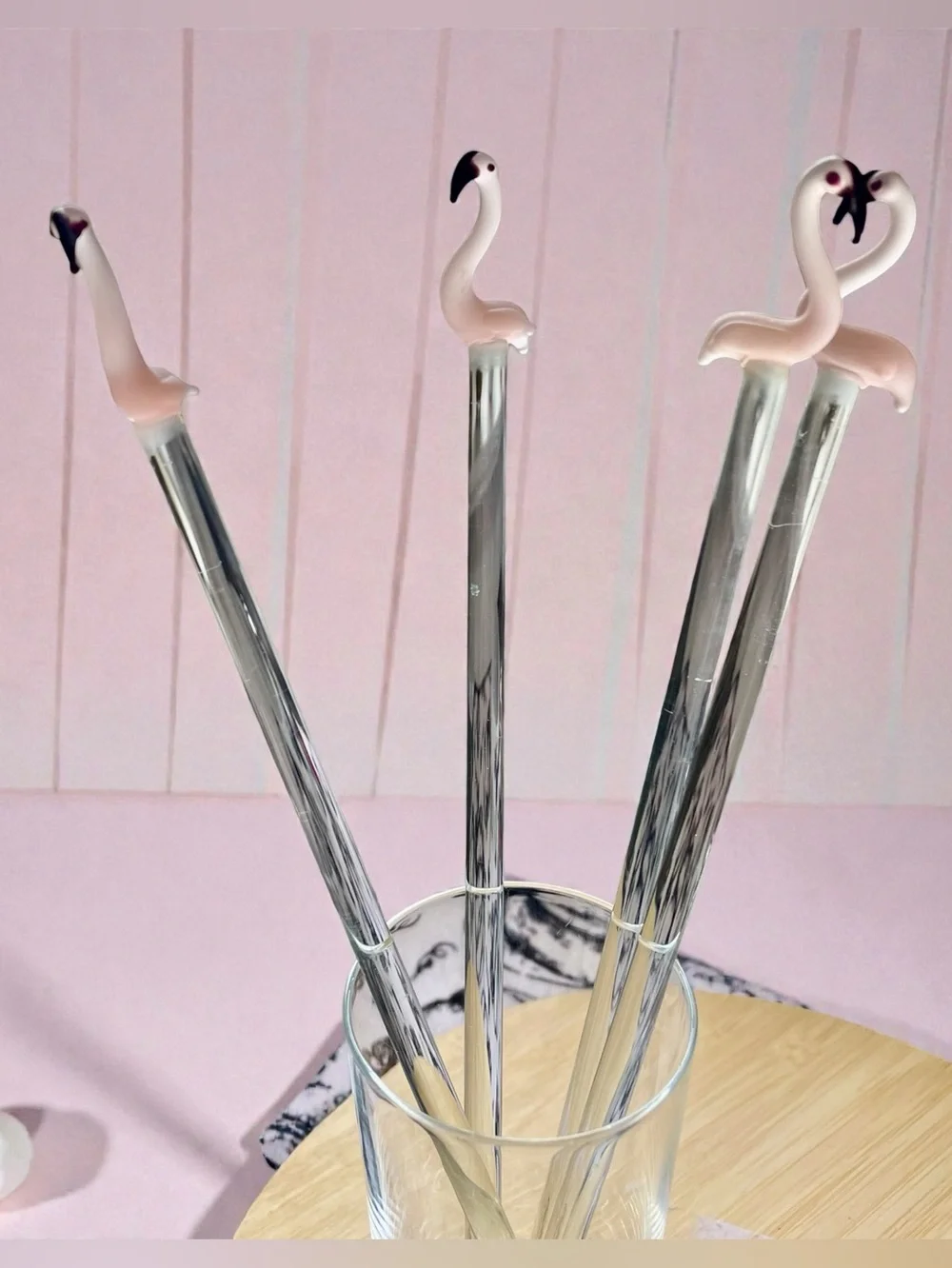 Set of 4 vintage cocktail stirrers, pink flamingos, glass, hand made